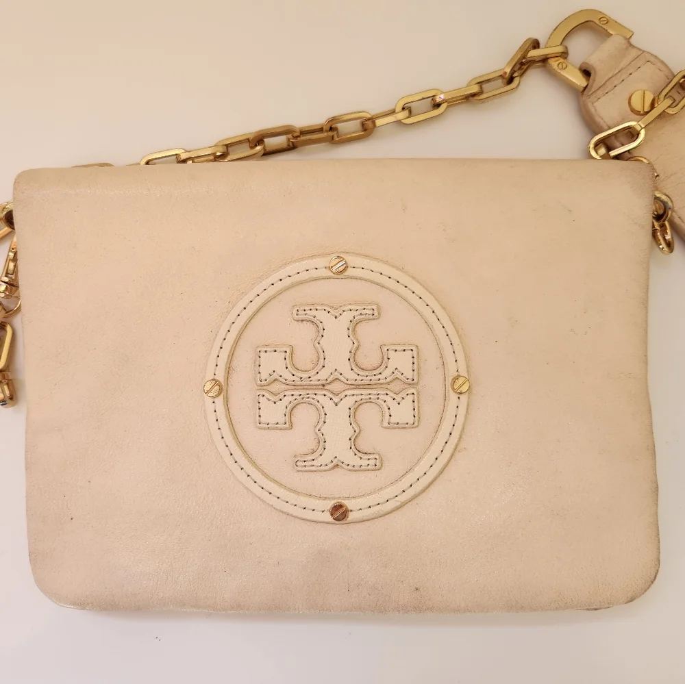 Tory Burch Logo Crossbody Bag | Authentic White Pebbled Leather Chain Strap